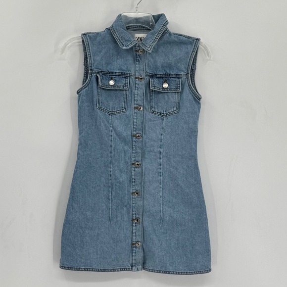 Zara Dresses & Skirts - ZARA Doro Denim Dress Women Size S Light Wash Blue Sleeveless Button NO BELT